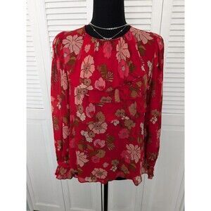 Zara Blouse Womens sz M Red Floral Print Ruffle Sheer Romantic Boho Chic Peasant